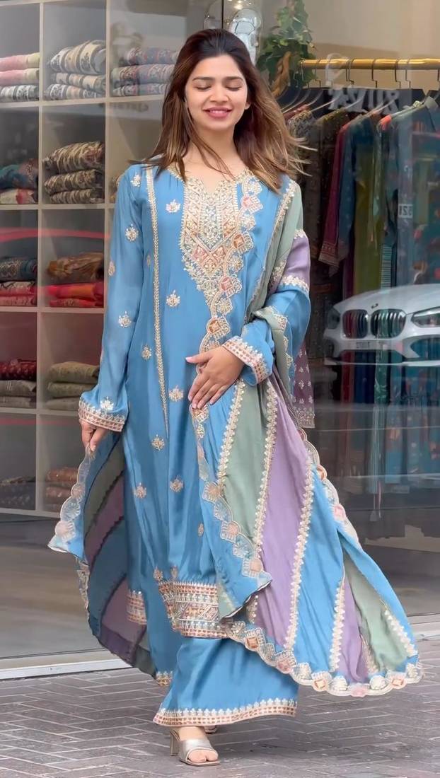 Blue COlor Faux Georgette Embroidery Work Designer palazzo Set