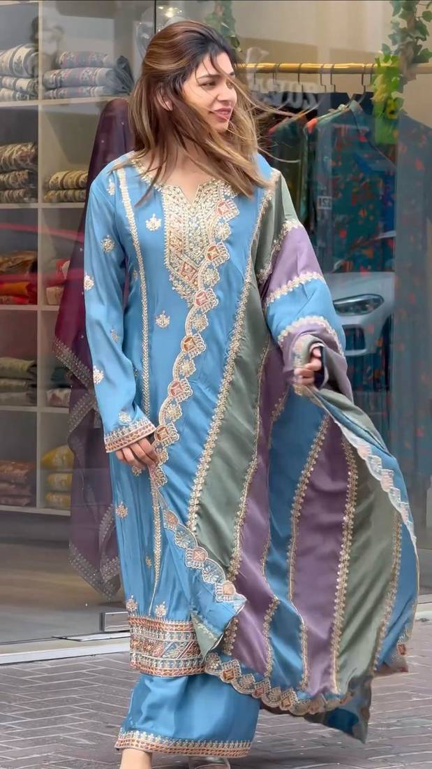 Blue COlor Faux Georgette Embroidery Work Designer palazzo Set