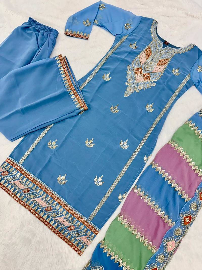 Blue COlor Faux Georgette Embroidery Work Designer palazzo Set