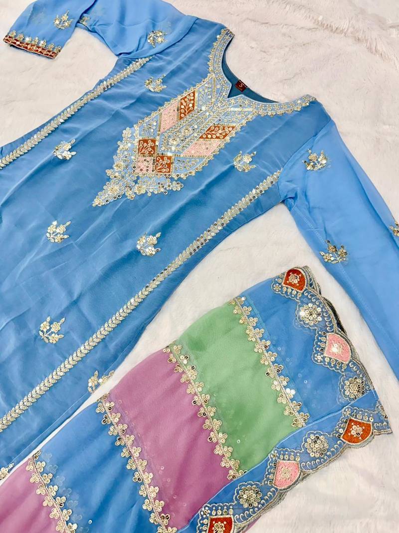 Blue COlor Faux Georgette Embroidery Work Designer palazzo Set
