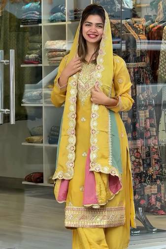Yellow COlor Faux Georgette Embroidery Work Designer palazzo Set