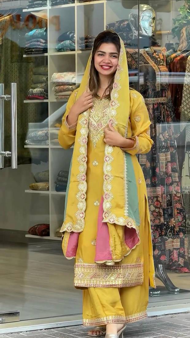 Yellow COlor Faux Georgette Embroidery Work Designer palazzo Set