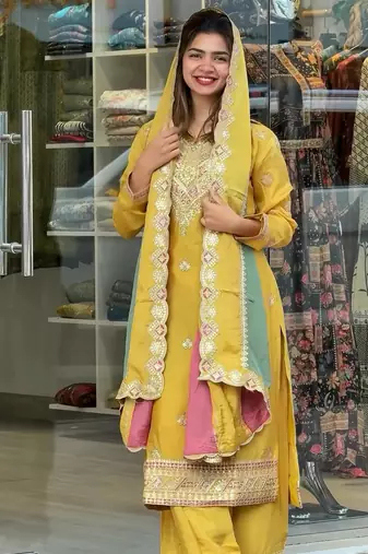 Yellow COlor Faux Georgette Embroidery Work Designer palazzo Set