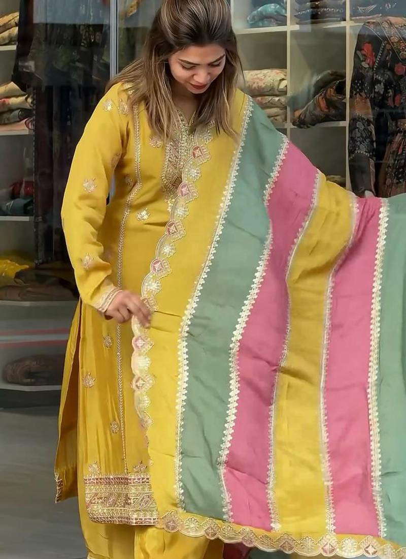 Yellow COlor Faux Georgette Embroidery Work Designer palazzo Set