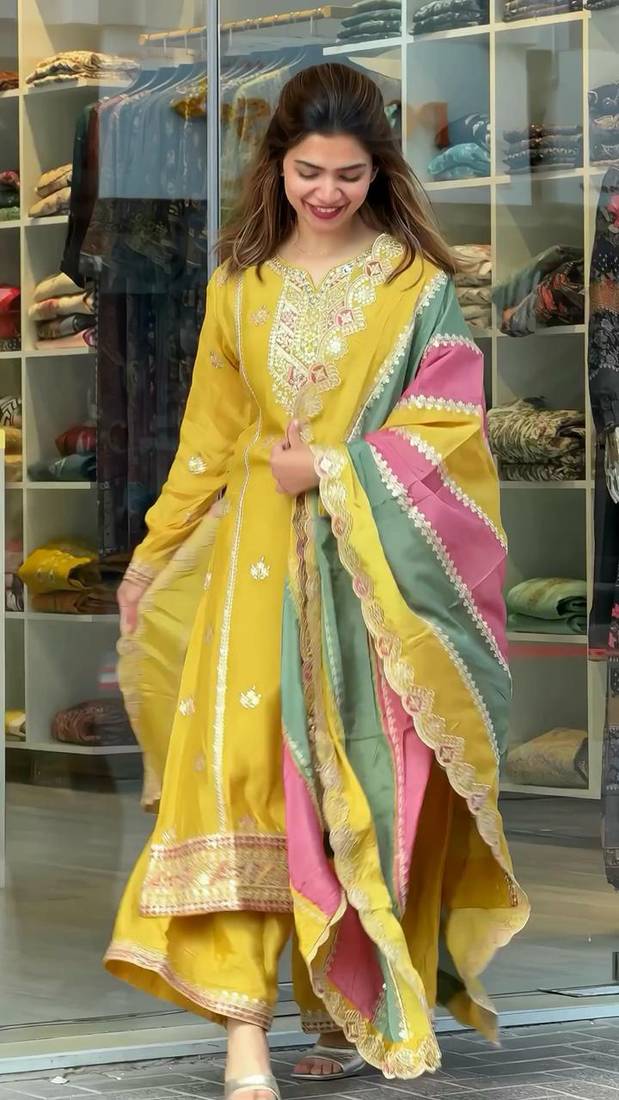 Yellow COlor Faux Georgette Embroidery Work Designer palazzo Set