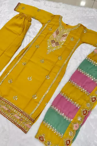 Yellow COlor Faux Georgette Embroidery Work Designer palazzo Set