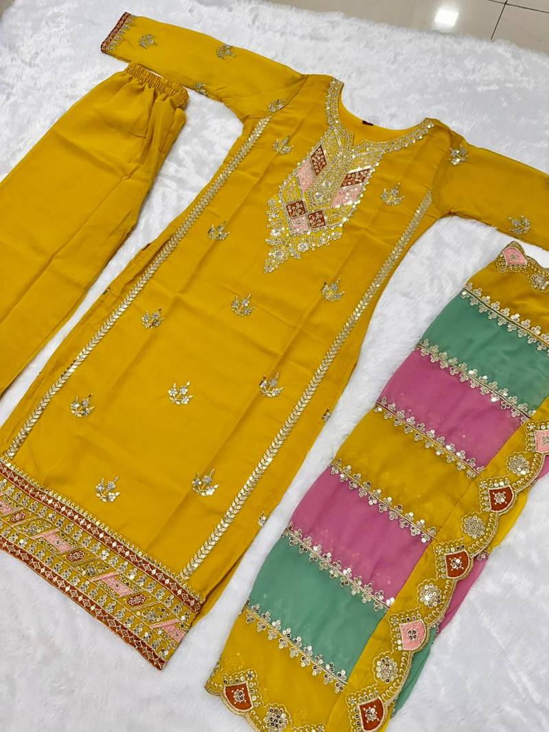 Yellow COlor Faux Georgette Embroidery Work Designer palazzo Set