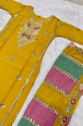 Yellow COlor Faux Georgette Embroidery Work Designer palazzo Set