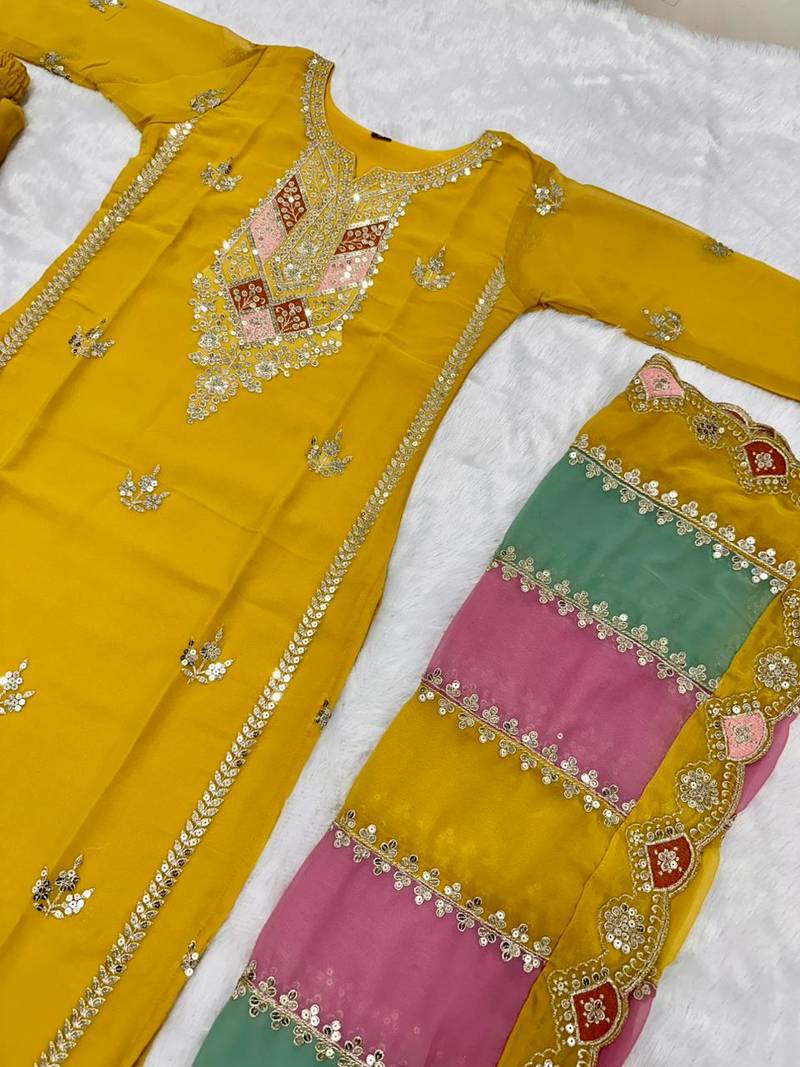 Yellow COlor Faux Georgette Embroidery Work Designer palazzo Set