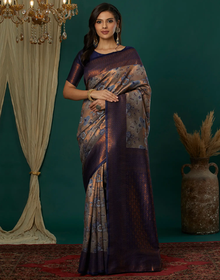 grey neavy blue silk blend banarasi saree with unstitched blouse piece 1