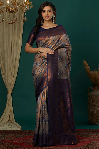grey neavy blue  soft art silk blend banarasi jacuard work designer party wear saree with unstitched blouse piece