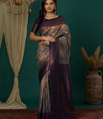 grey neavy blue  soft art silk blend banarasi jacuard work designer party wear saree with unstitched blouse piece