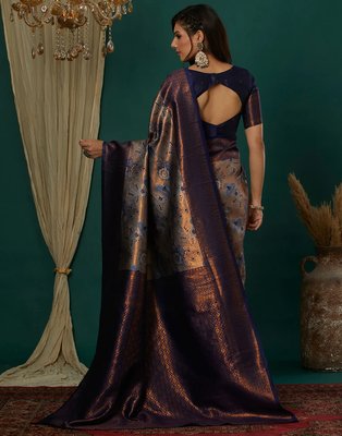 grey neavy blue silk blend banarasi saree with unstitched blouse piece 2