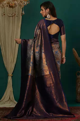 grey neavy blue silk blend banarasi saree with unstitched blouse piece