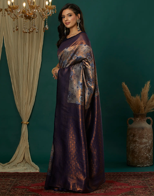 grey neavy blue silk blend banarasi saree with unstitched blouse piece 3