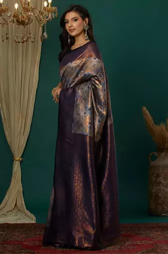 grey neavy blue silk blend banarasi saree with unstitched blouse piece