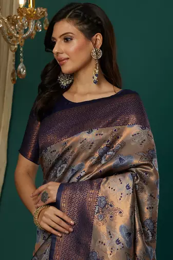 grey neavy blue silk blend banarasi saree with unstitched blouse piece