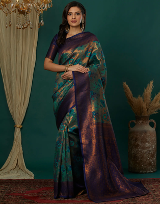 sky neavy blue silk blend banarasi saree with unstitched blouse piece 2