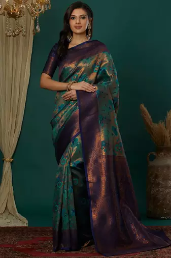 sky neavy blue silk blend banarasi saree with unstitched blouse piece