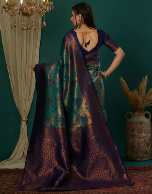 sky neavy blue silk blend banarasi saree with unstitched blouse piece 3