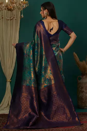 sky neavy blue silk blend banarasi saree with unstitched blouse piece