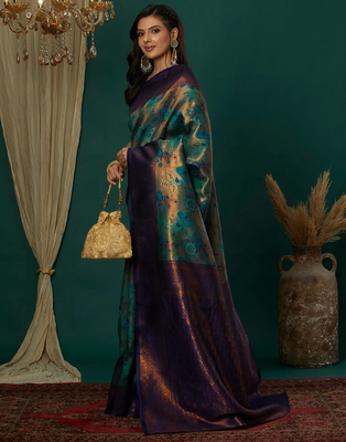 sky neavy blue silk blend banarasi saree with unstitched blouse piece 4