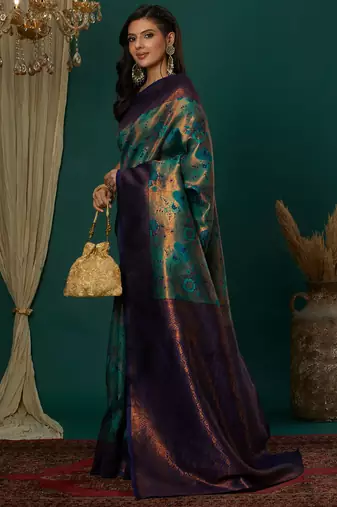 sky neavy blue silk blend banarasi saree with unstitched blouse piece