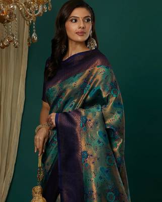 sky neavy blue silk blend banarasi saree with unstitched blouse piece 1