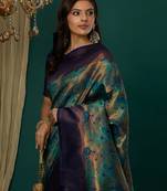 sky neavy blue silk blend banarasi saree with unstitched blouse piece