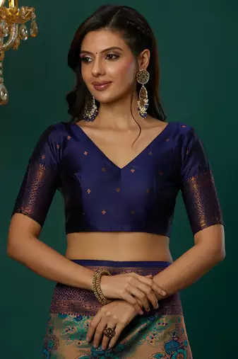 sky neavy blue silk blend banarasi saree with unstitched blouse piece