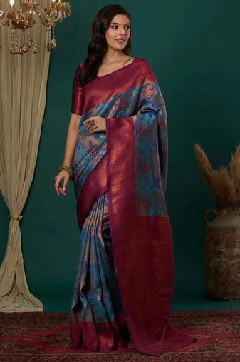 sky pink  soft art silk blend banarasi jacuard work designer party wear saree with unstitched blouse piece