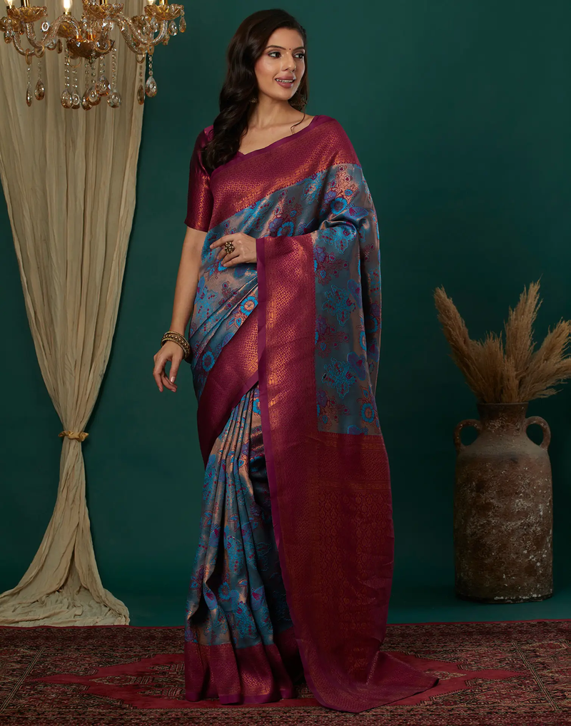 sky pink  soft art silk blend banarasi jacuard work designer party wear saree with unstitched blouse piece