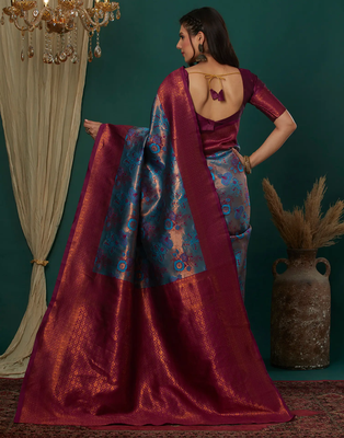 sky pink silk blend banarasi saree with unstitched blouse piece 2