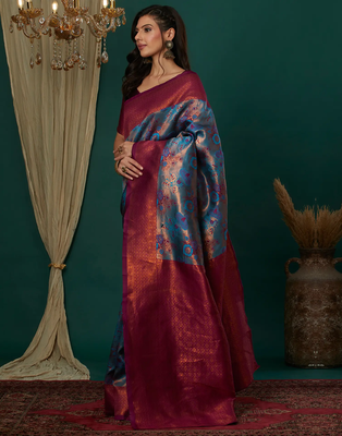 sky pink silk blend banarasi saree with unstitched blouse piece 3