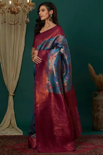 sky pink silk blend banarasi saree with unstitched blouse piece