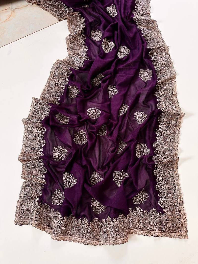 Purple Color Blooming Vichitra Embroidered Saree