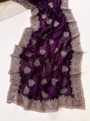 Purple Color Blooming Vichitra Embroidered Saree 1