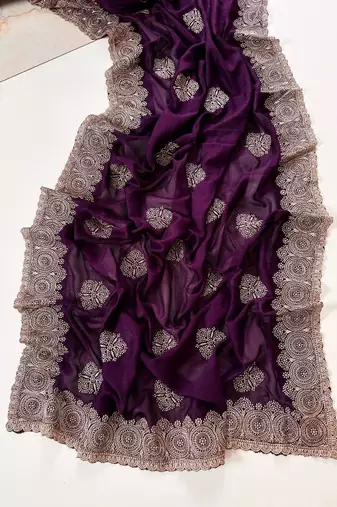 Purple Color Blooming Vichitra Embroidered Saree