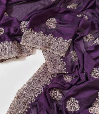 Purple Color Blooming Vichitra Embroidered Saree 2