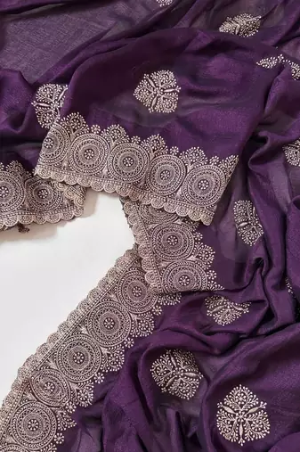 Purple Color Blooming Vichitra Embroidered Saree