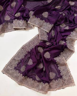 Purple Color Blooming Vichitra Embroidered Saree 3