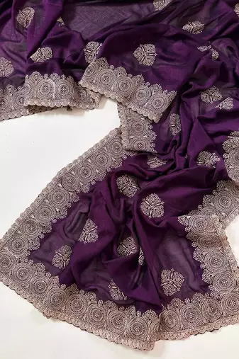 Purple Color Blooming Vichitra Embroidered Saree