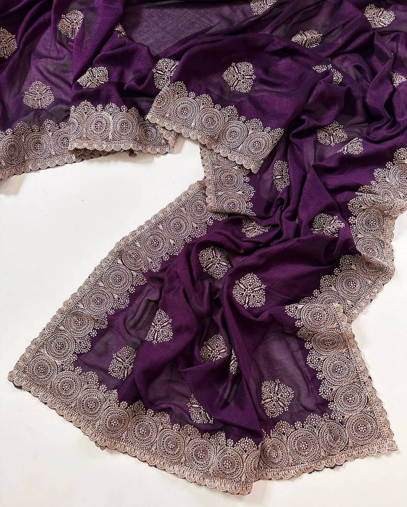 Purple Color Blooming Vichitra Embroidered Saree