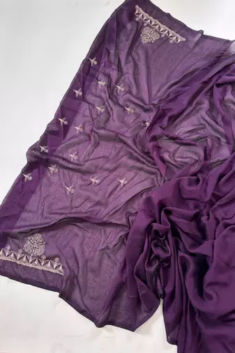 Purple Color Blooming Vichitra Embroidered Saree