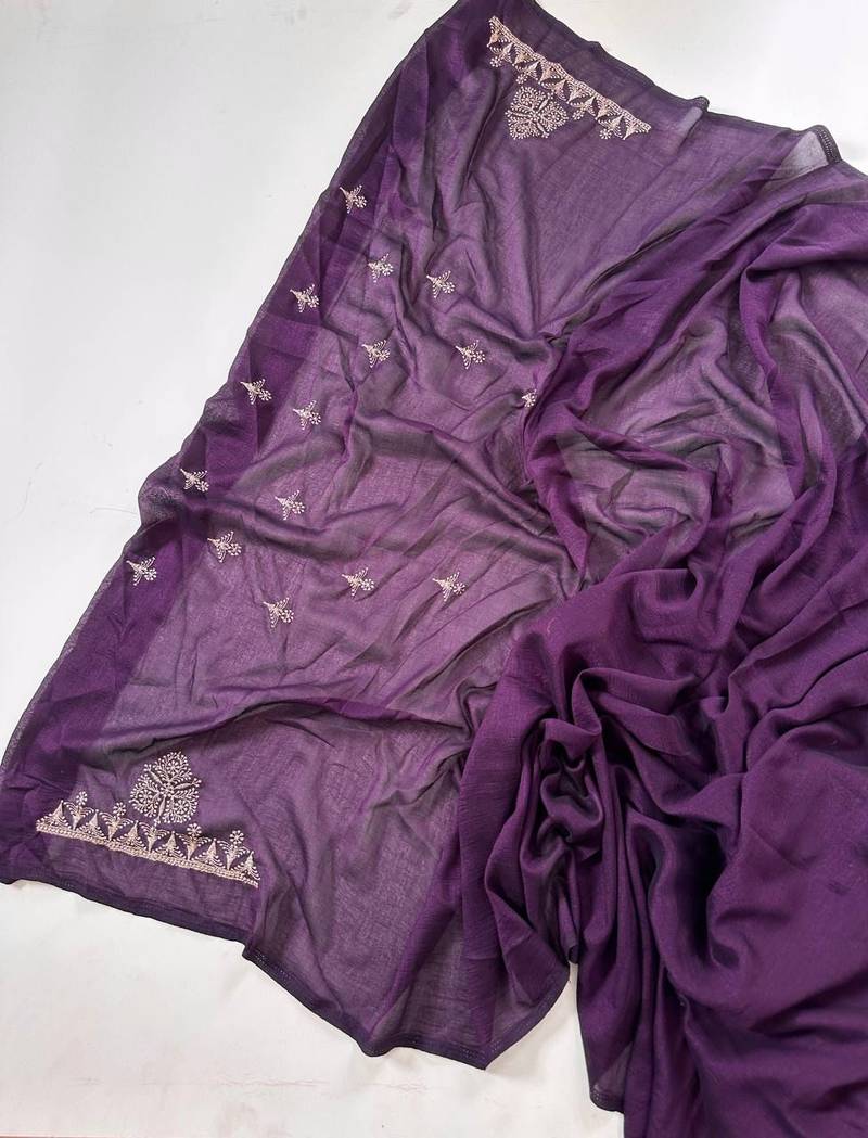 Purple Color Blooming Vichitra Embroidered Saree