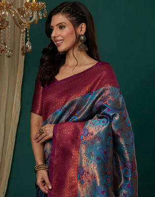 sky pink silk blend banarasi saree with unstitched blouse piece 4