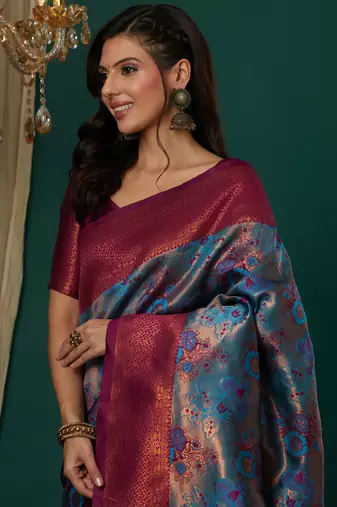 sky pink silk blend banarasi saree with unstitched blouse piece
