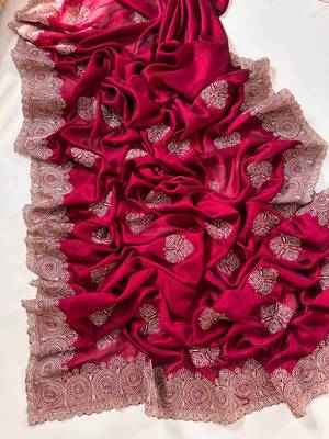 Rose Color Blooming Vichitra Embroidered Saree 1