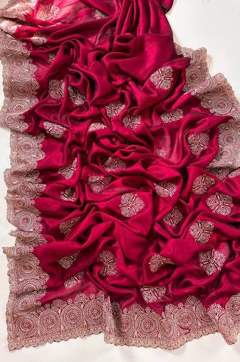 Rose Color Blooming Vichitra Embroidered Saree