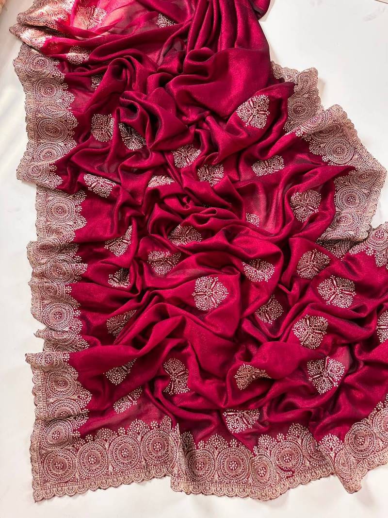 Rose Color Blooming Vichitra Embroidered Saree